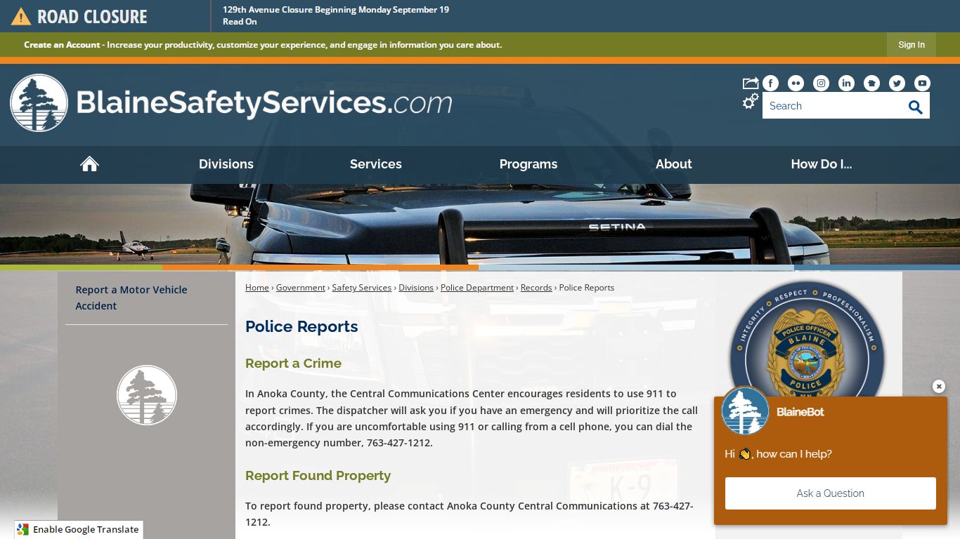 Police Reports | Blaine, MN